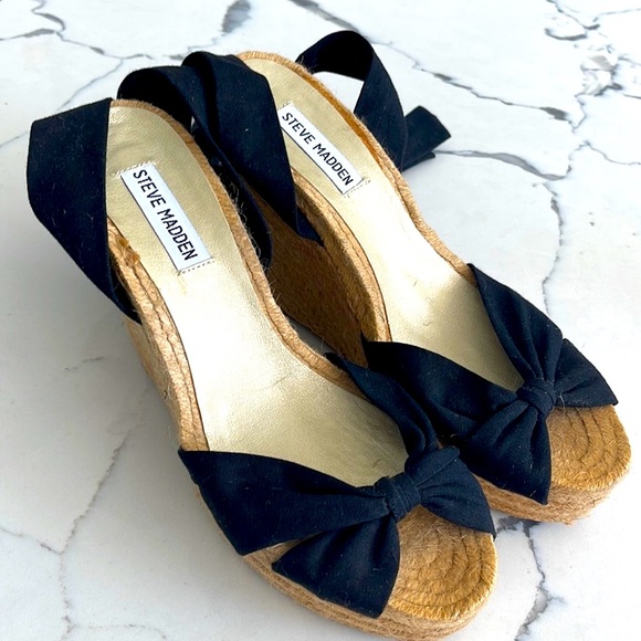 NWOT Steve Madden Black Open Toe Ankle Tie Wrap Espadrilles Wedge Sandals-9 - Picture 4 of 8